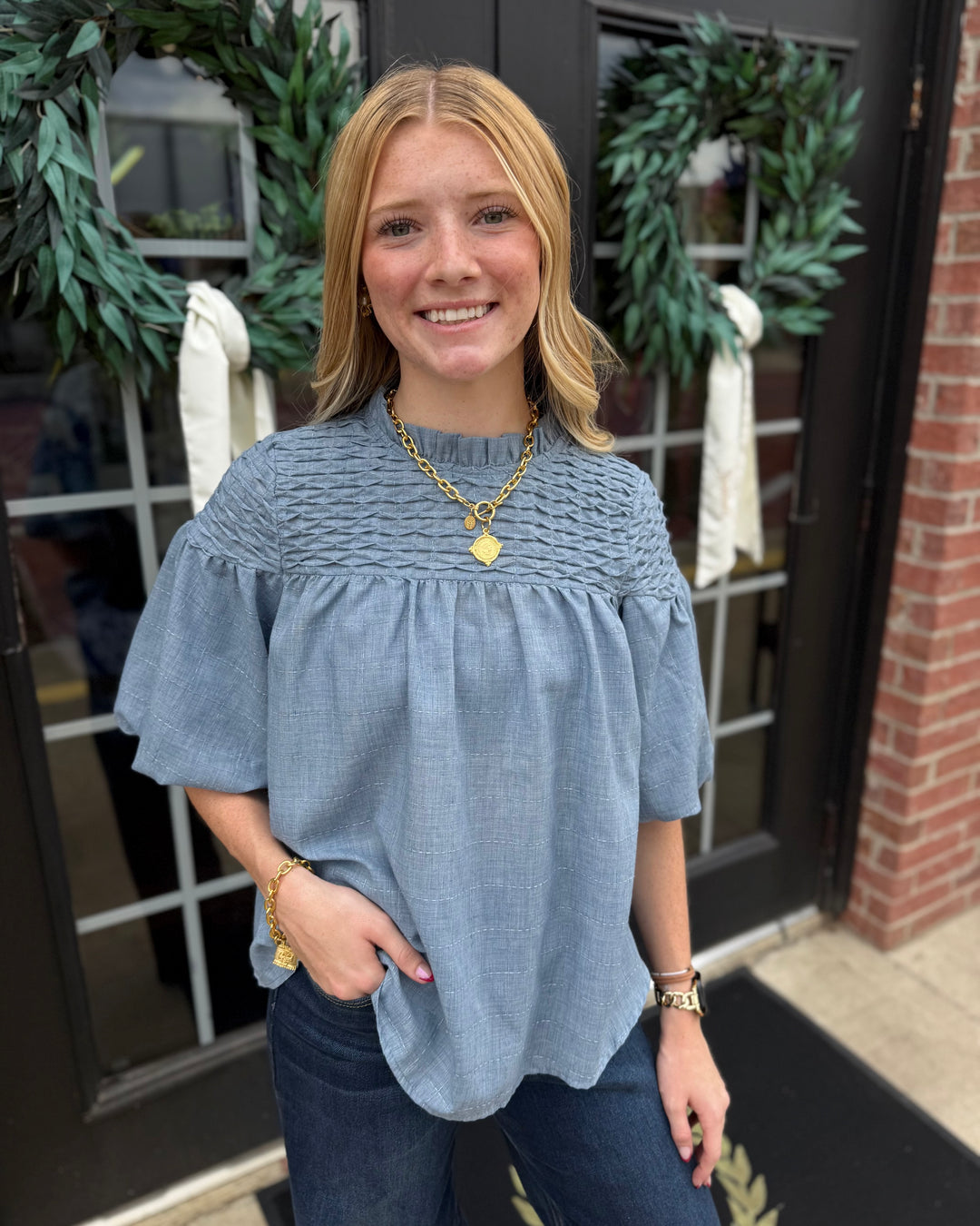 Light blue Bubble Sleeve Blouse, available in sizes S-XL.