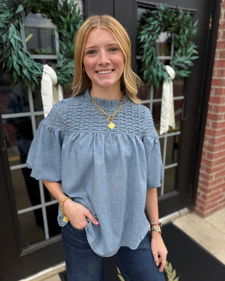 Light blue Bubble Sleeve Blouse, available in sizes S-XL.