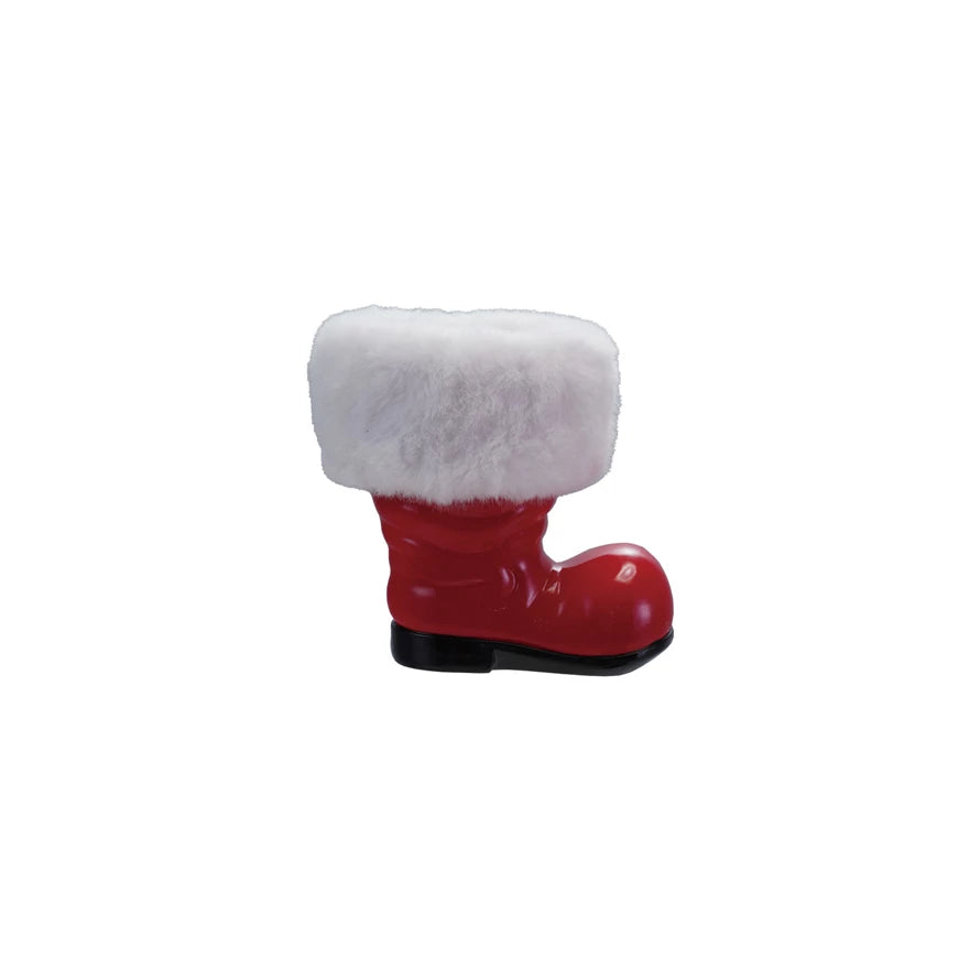 Resin Santa Boot with faux fur cuff, red with black sole.