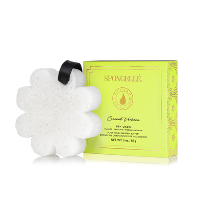 White, flower-shaped bath sponge with black ribbon; available in 3 oz size for 14+ uses.
