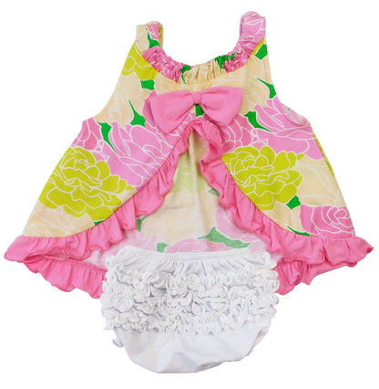 Pink floral sleeveless ruffle tank top with bow for baby girls and toddlers. Sizes: 6M-3T.