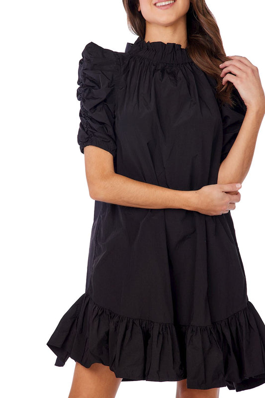 Black Roosevelt Party Dress with short ruffled skirt, puffed sleeves, high neckline; available in sizes XS-XL.