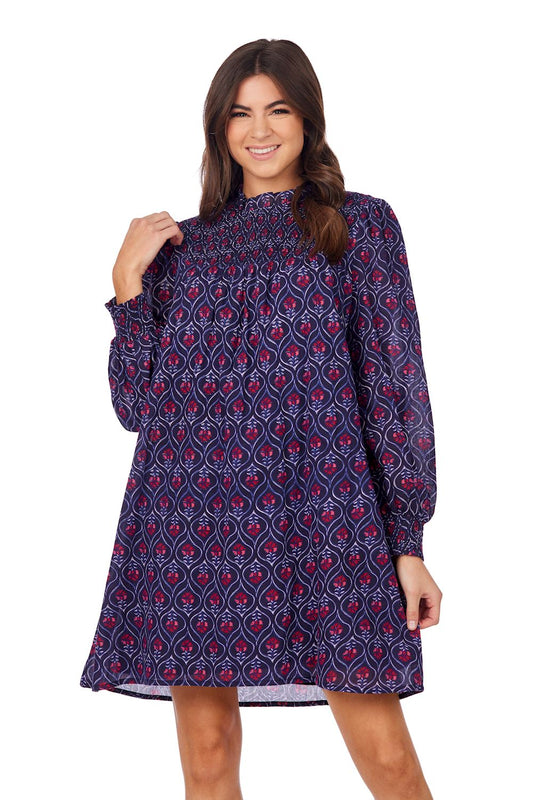 Navy Block Print Bennington Smocked Dress: long sleeves, knee length, smocked neckline. Sizes XS-XL.