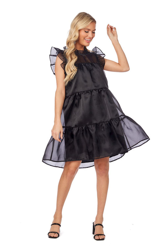 Jane Holiday Dress: sleeveless, ruffled black chiffon baby doll dress. Available in sizes XS–XL. Ideal for special occasions.