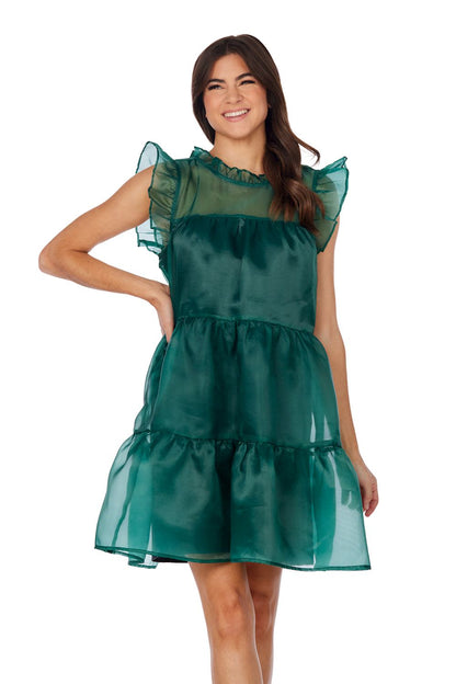 Jane Holiday Dress: short, sleeveless green chiffon baby doll with tiered layers, ruffle shoulders/neckline. Sizes XS–XL.
