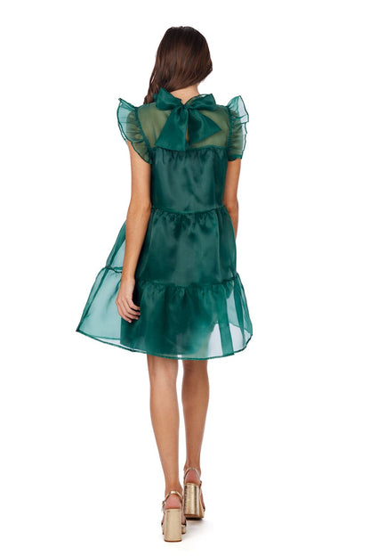 Jane Holiday Dress: short, tiered, sheer green chiffon baby doll with ruffled sleeves and neck bow. Sizes XS-XL.