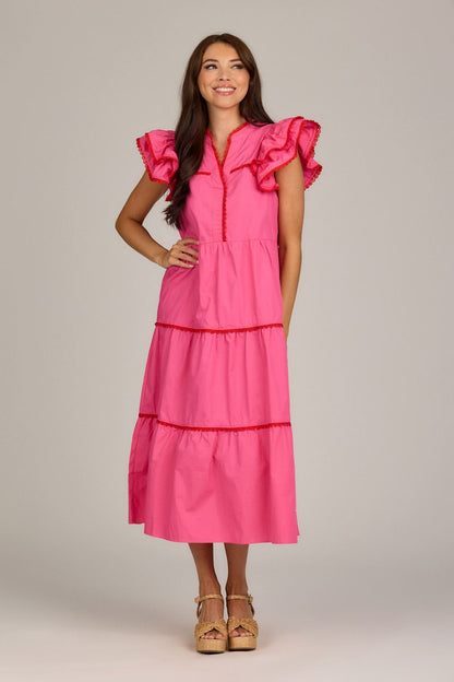 Bright pink Pia Ric Rac Midi Dress with ruffled sleeves. Available in sizes XS, S, M, L, XL.