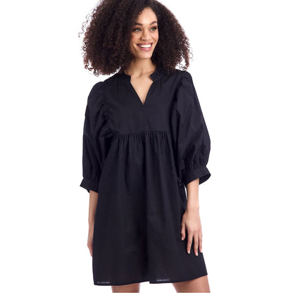 Black Shipley Dress: loose-fit, knee-length cotton poplin, three-quarter sleeves, slight V-neck. Available in sizes XS–XL.