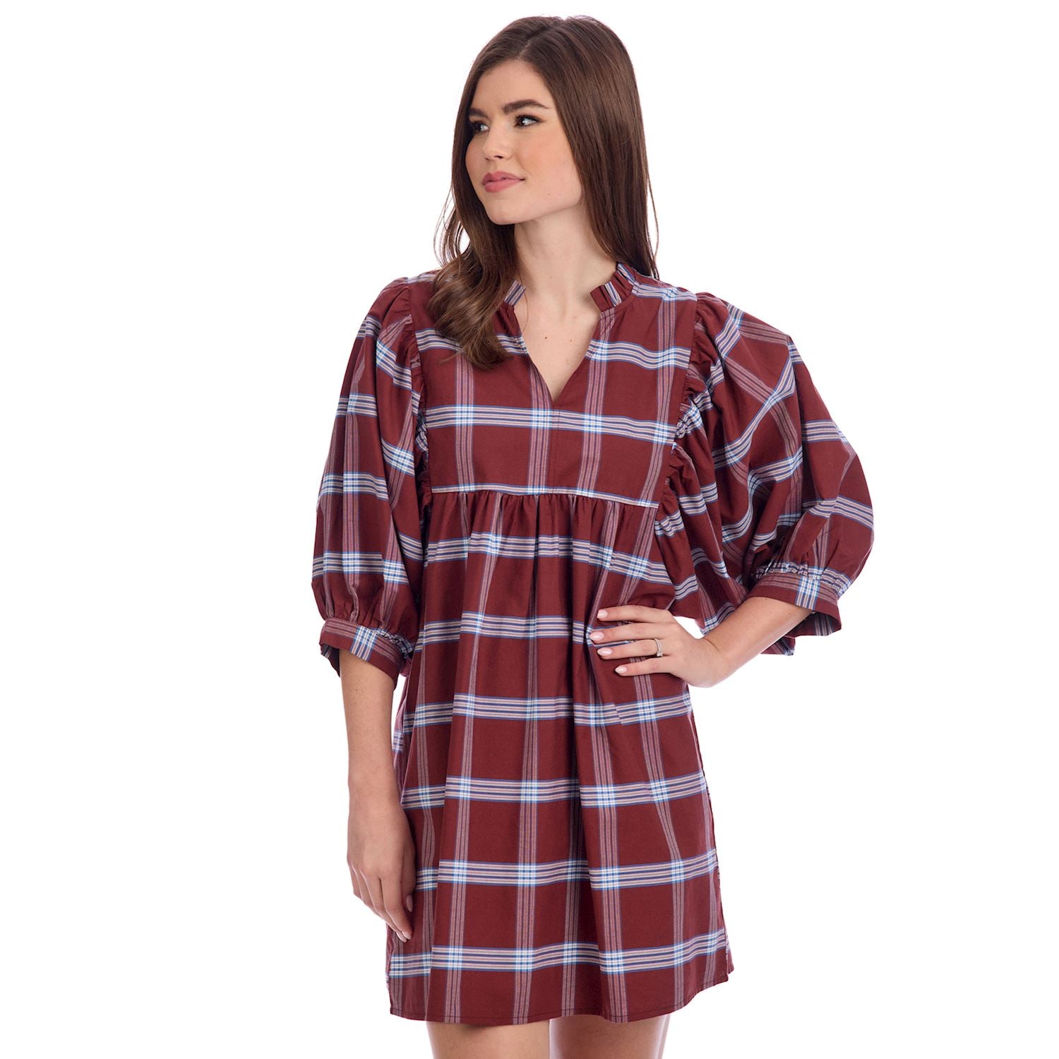 Brown Shipley Dress: loose red plaid cotton poplin, light blue stripes, quarter-length puff sleeves, v-neck. Sizes XS-XL.