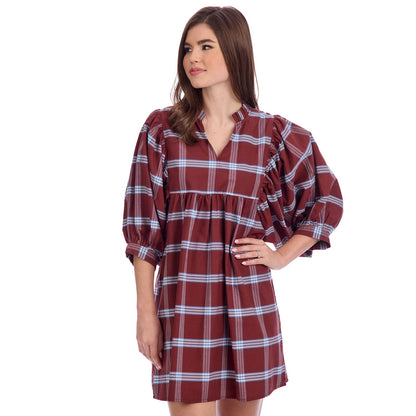 Brown Shipley Dress: loose red plaid cotton poplin, light blue stripes, quarter-length puff sleeves, v-neck. Sizes XS-XL.