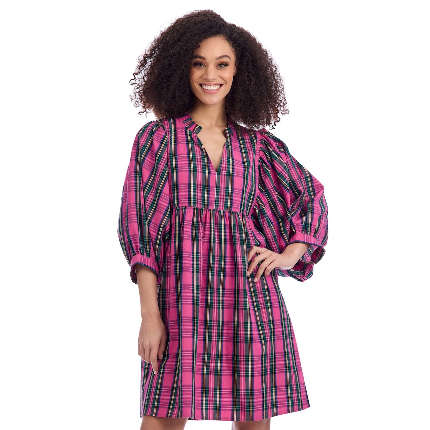 Pink Plaid Shipley Dress with three-quarter puff sleeves and V-neckline. Available in sizes XS-XL.