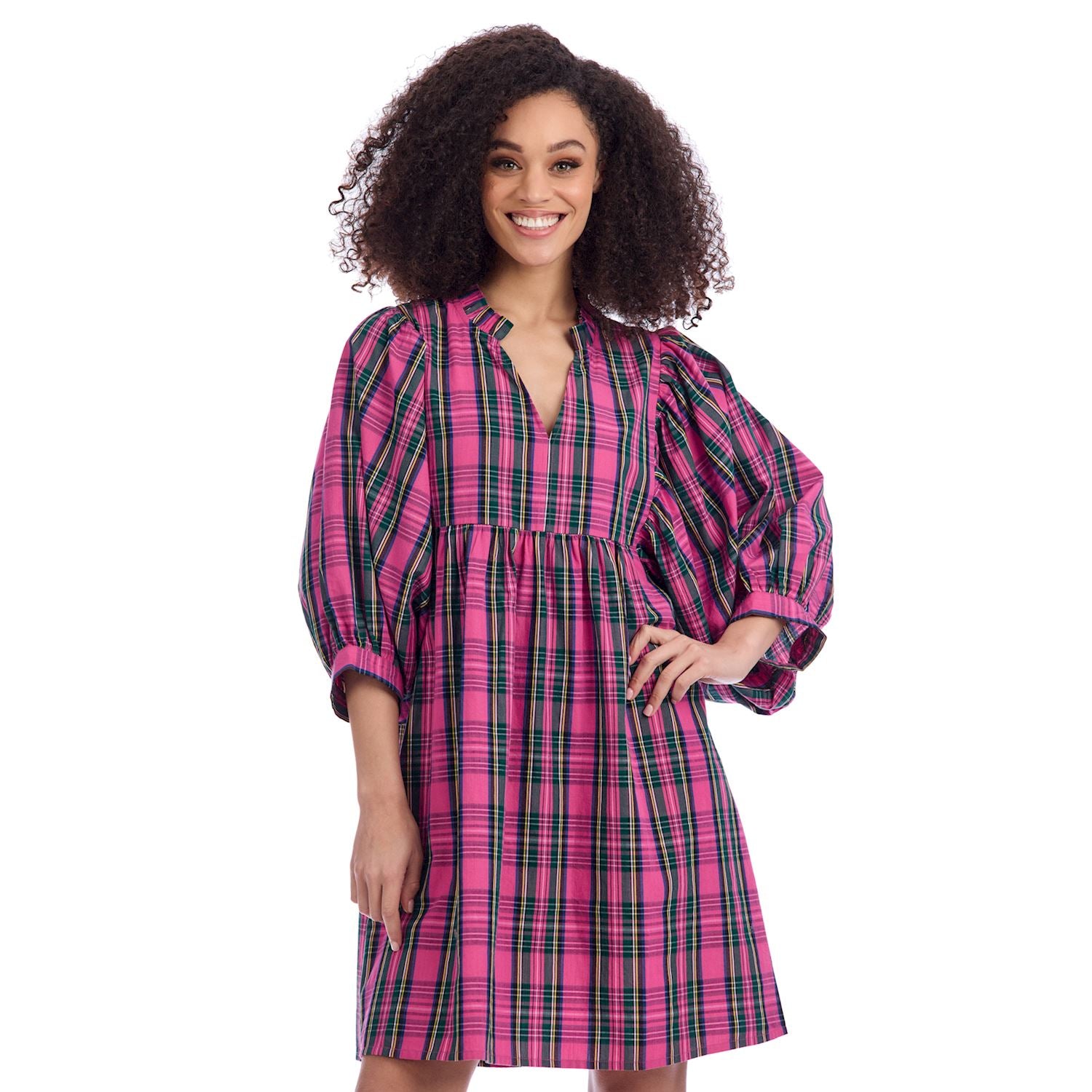 Pink Plaid Shipley Dress with three-quarter puff sleeves and V-neckline. Available in sizes XS-XL.