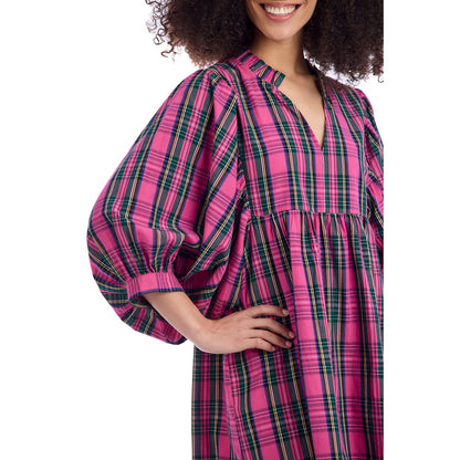 Pink Plaid Shipley Dress: loose-fit, long-sleeve cotton poplin, V-neck, gathered details. Available in sizes XS–XL.