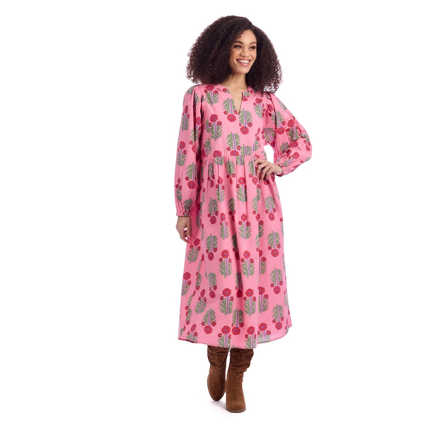 Pippy Pink Midi Dress with vibrant floral pattern; available in sizes XS–XL.
