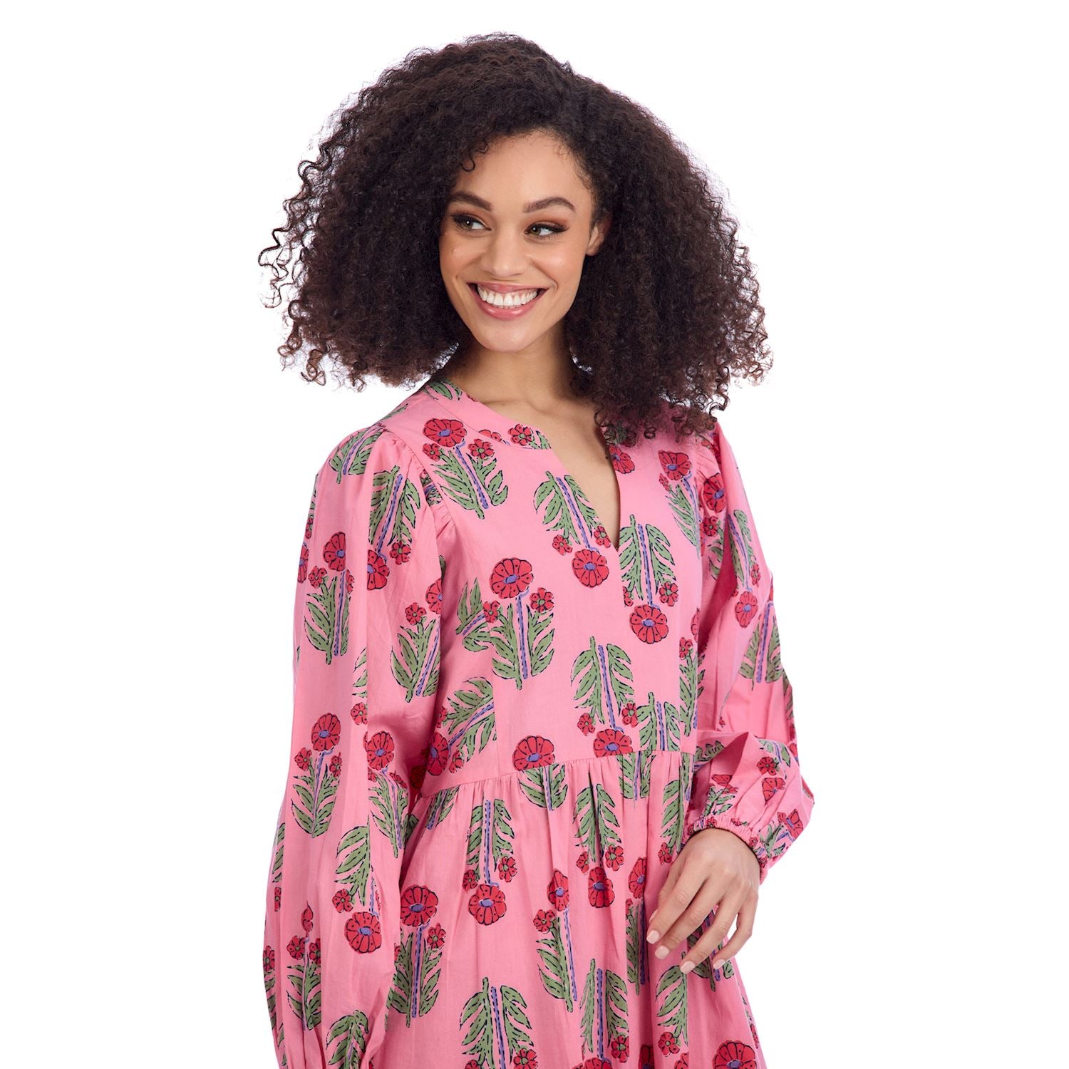 Pippy Pink Midi Dress with red and green floral cotton, available in sizes XS–XL. Ideal for church or special occasions.