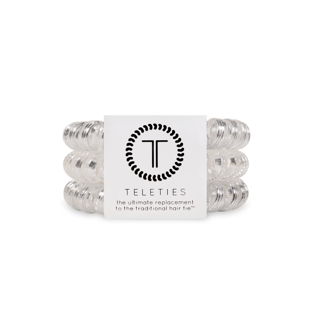 Set of 3 clear Spiral Hair Coils | Silver Slay Hair Ties with TELETIES label; available in various sizes.