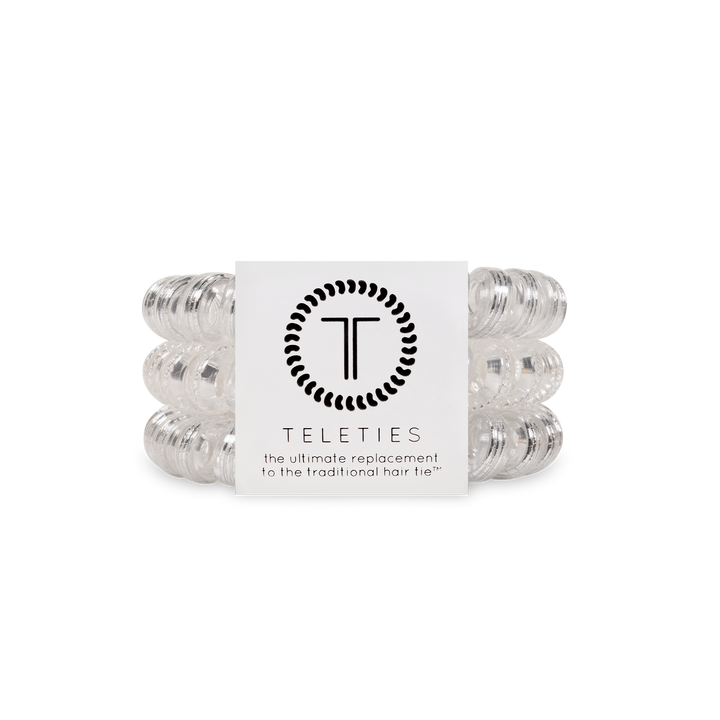 Set of 3 clear Spiral Hair Coils | Silver Slay Hair Ties with TELETIES label; available in various sizes.