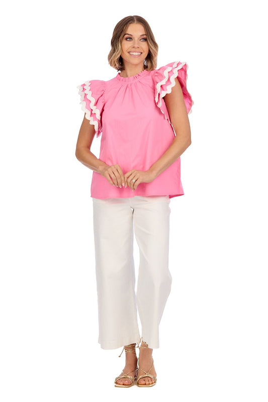 Angie Ric Rac Top: Features pink ruffles, flutter sleeves, and white accents. Sizes available: XS, S, M, L.
