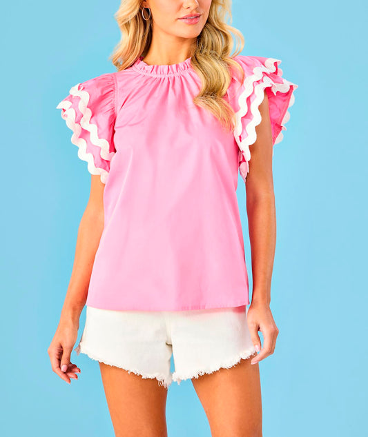 The Angie Ric Rac Top features flutter sleeves and offers a summery style. Available in sizes XS to XL.