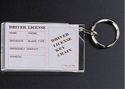 Business Card/Drivers License Key Ring with durable construction. Attached to a transparent plastic card holder labeled "DRIVER LICENSE." Blank sections for personal info: name, phone, birthdate, blood type, emergency contact, and address. Size: 2 1/8 in x 3 in.