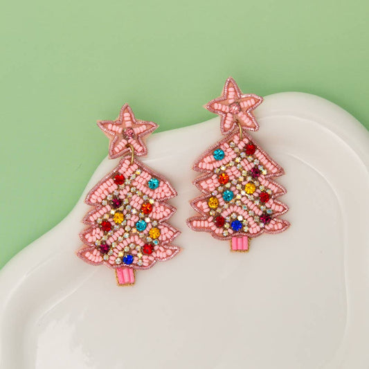 Crystal Seed Bead Embellished Christmas Tree Dangle Earrings: Pink