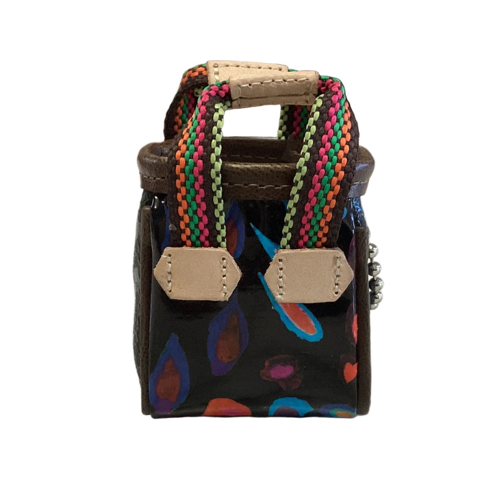 Classic Tote Charm, Sophie miniature tote bag charm with dark patterned exterior and multicolored woven handles.