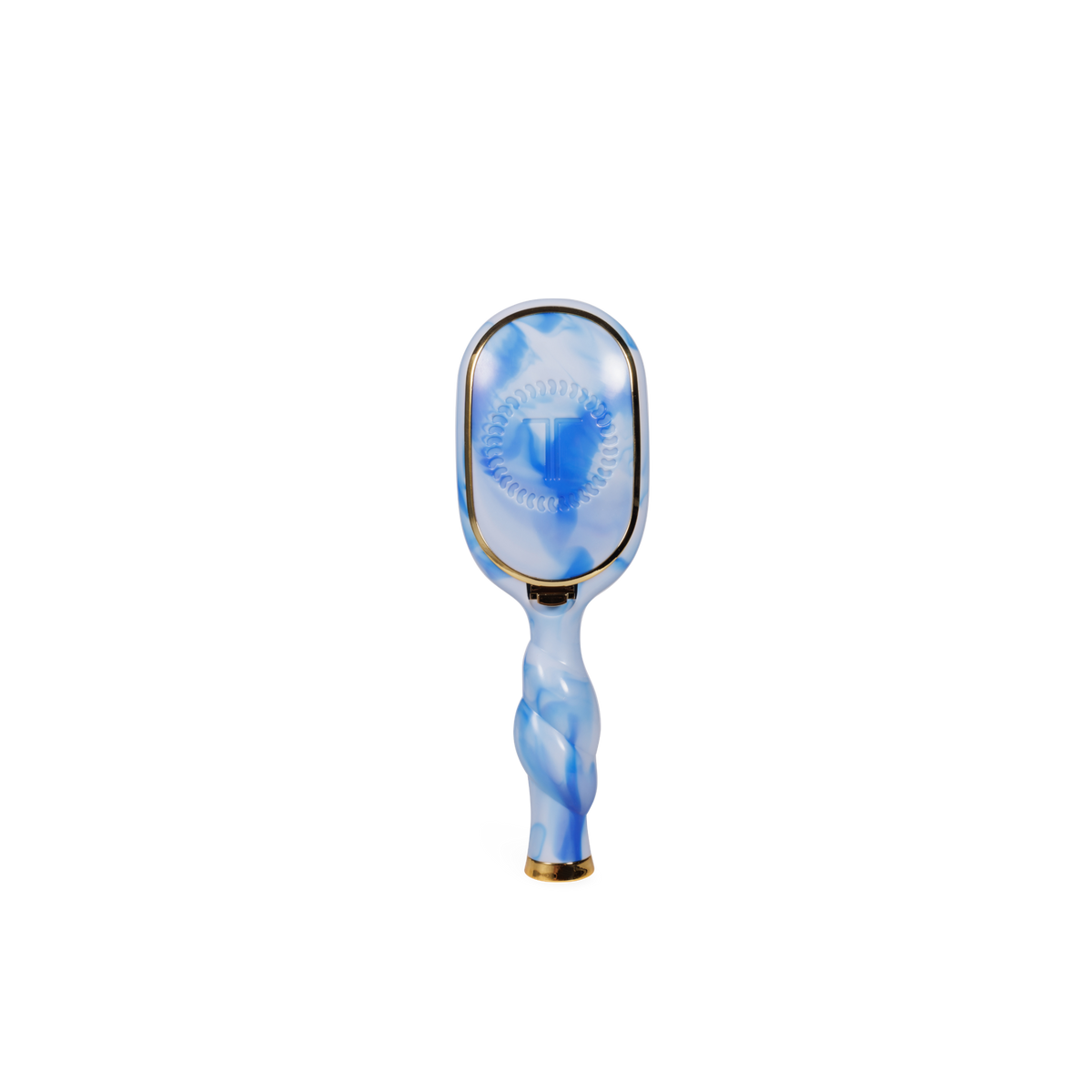 Blue and white marbled Mini Boar Brush with rectangular head, gold accents, and natural boar bristles; available in travel size.