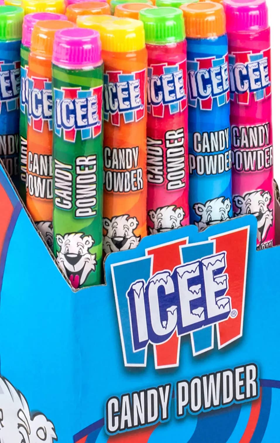 ICEE® Dips Candy Powder Tubes, sweet and sour flavors, ICEE logo and mascot on each tube. Available in standard 0.85 oz size.