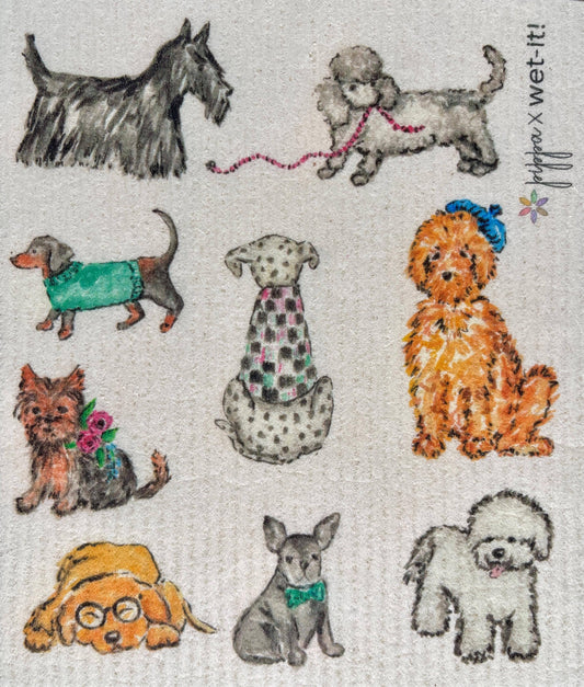 Dog Fancy Swedish Cloth with nine dogs in accessories. Available sizes: small, medium, large.
