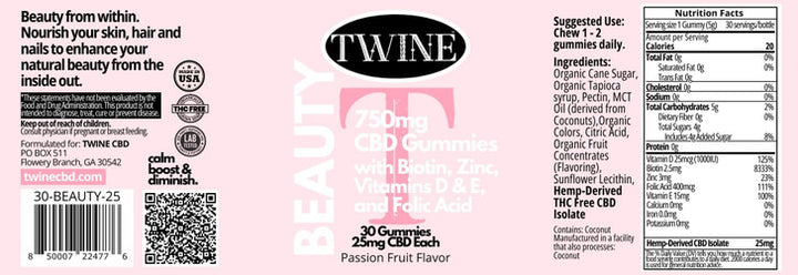 Beauty Gummies label: 750mg CBD, Passion Fruit flavor, with supplement facts, directions, certifications. Available in 750mg size.