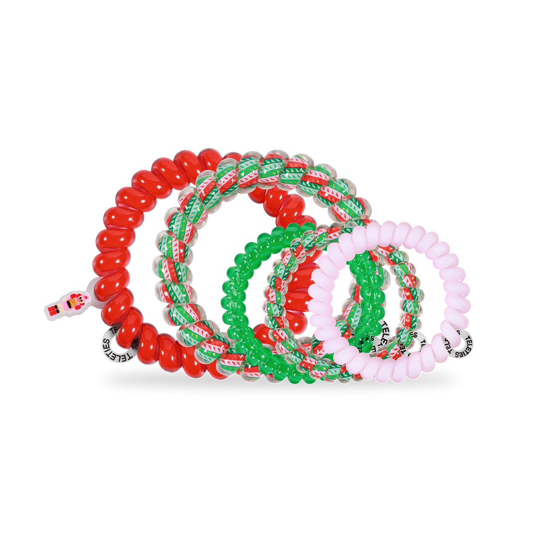 Mix Pack Spiral Hair Coils: strong grip, festive red, green, and pink holiday designs. Available in assorted sizes.