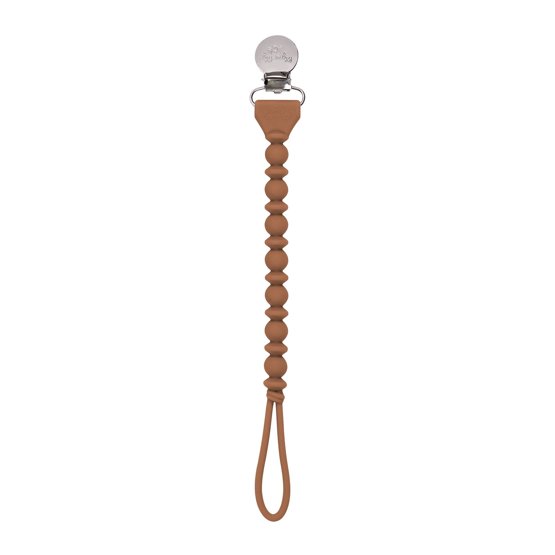 A brown braided leather Sweetie Strap™ Silicone One-Piece Pacifier Clips in Mint Braid with a metallic clasp and a loop handle, isolated on a white background.