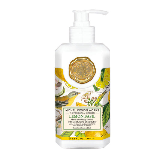 White pump bottle with lemons, basil leaves, birds, gold emblem; shea butter formula, citrus basil scent; available in multiple sizes.