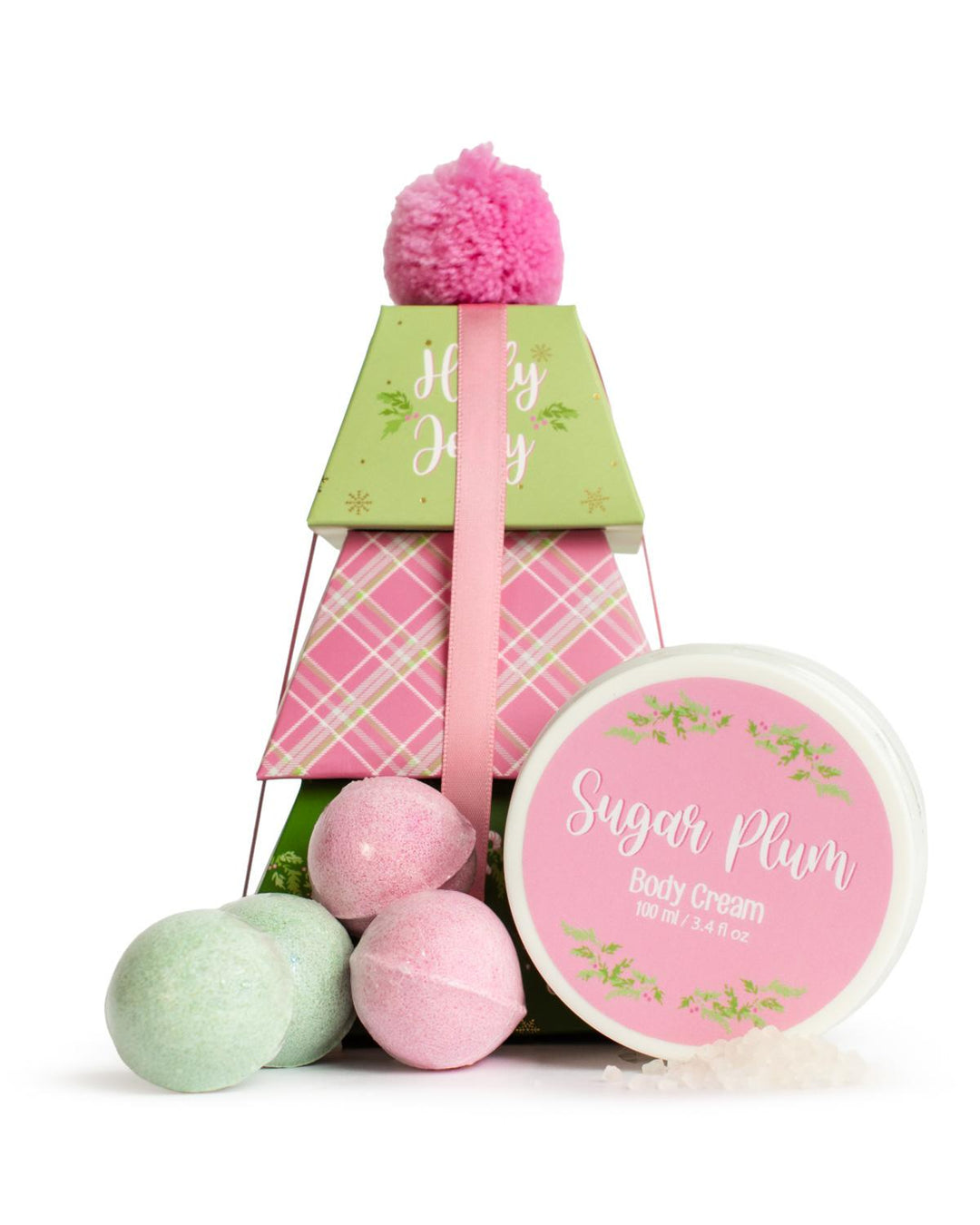 Holly Jolly Bath Gift Set | Sugar Plum tree-shaped box with a pink pom-pom, three bath bombs, and a 100 ml / 3.4 fl oz body cream.