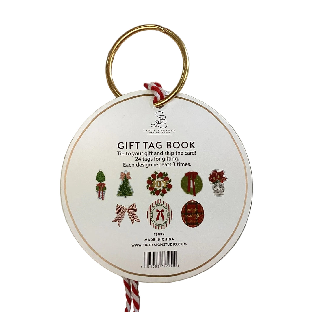 Circular holiday gift tag booklet on a gold ring with 24 tags featuring wreaths, bows, and festive decorations.