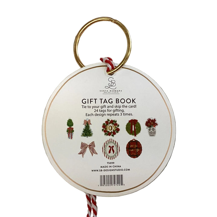 Circular holiday gift tag booklet on a gold ring with 24 tags featuring wreaths, bows, and festive decorations.