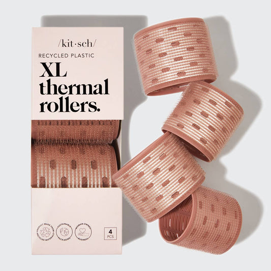 Box labeled "Recycled Plastic XL Ceramic Thermal Rollers 4pc Set - Terracotta" with four XL terracotta vented hair rollers.