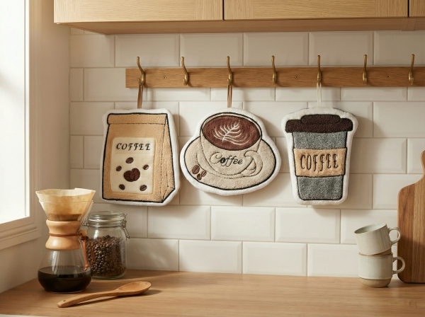 Three coffee-themed potholders hang on hooks; available in 7x7 inch and 8x8 inch sizes.