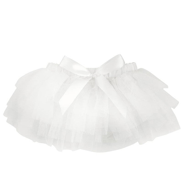 White tulle tutu skirt with satin ribbon bow and elastic waistband. Available in sizes XS, S, M, L, XL.