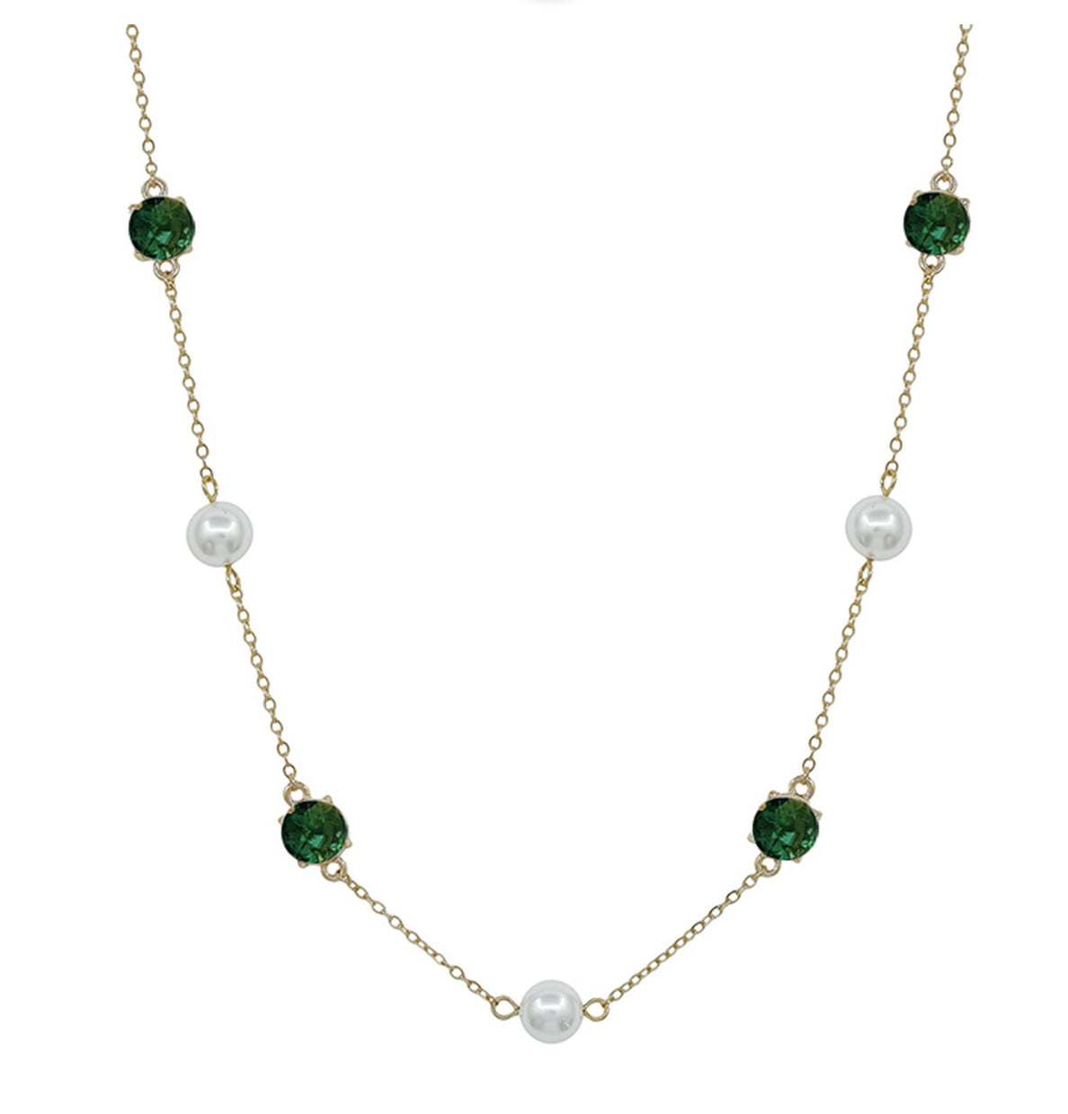 Beiber Emerald Pearl Necklace: alternating green gemstones and white pearls on adjustable gold chain. Available in 16", 18", 20".