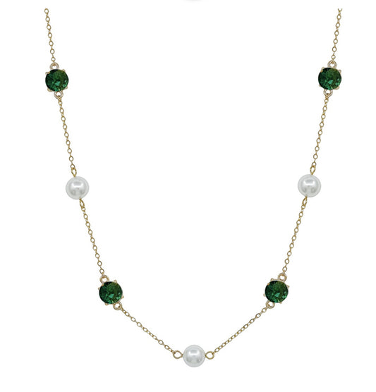 Beiber Emerald Pearl Necklace: alternating green gemstones and white pearls on adjustable gold chain. Available in 16", 18", 20".