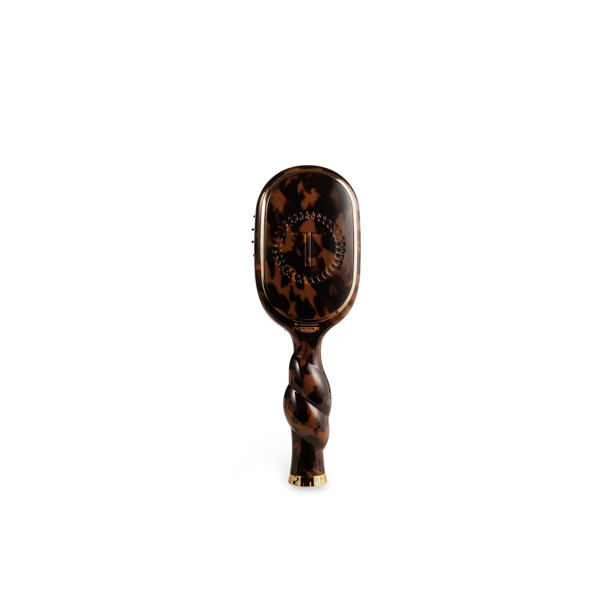 The Mini Boar Brush | Tortoise is a compact brown tortoiseshell boar bristle brush with a twisted handle and gold accents. Available in mini size.