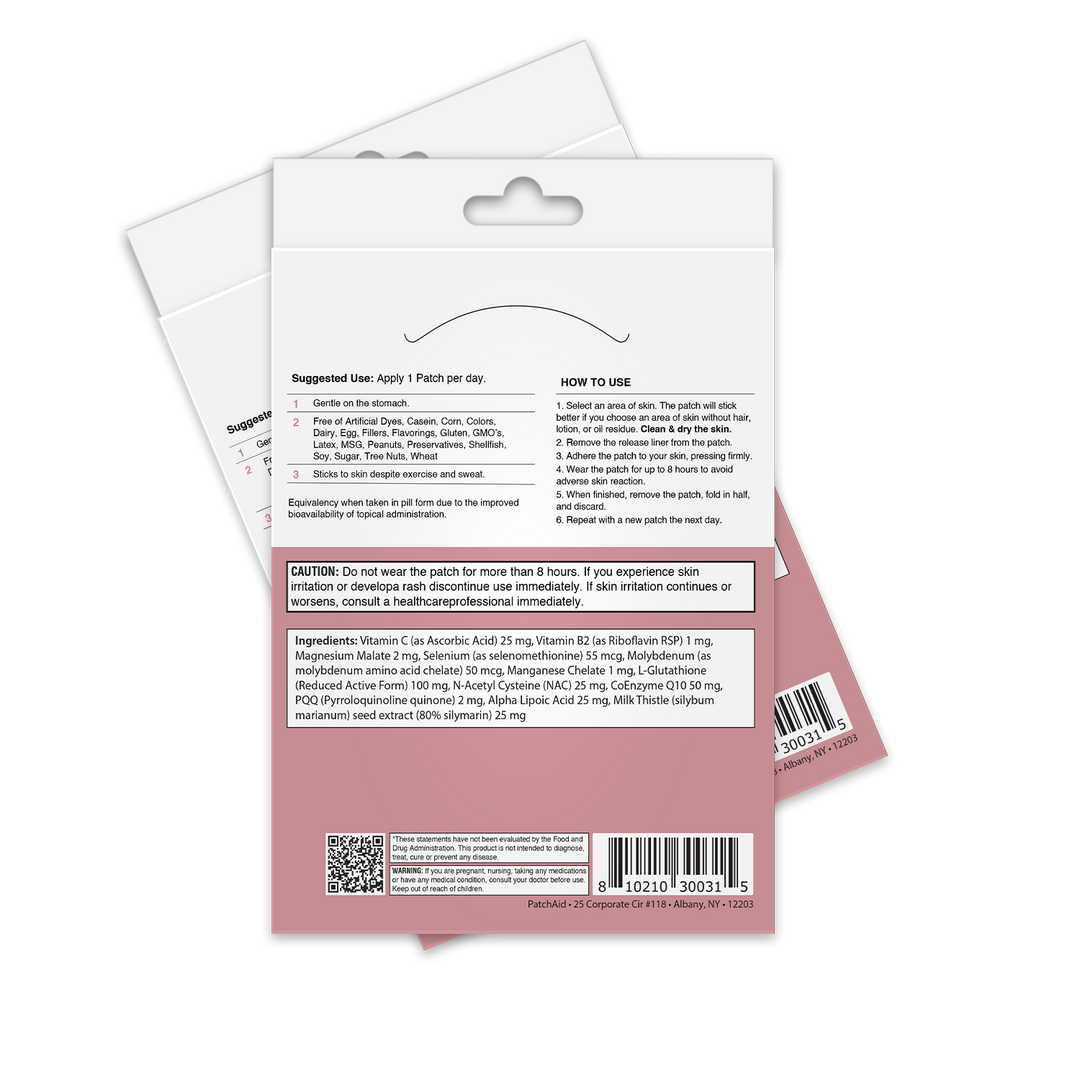 Two Glutathione Plus Patch - Antioxidant &amp; Detox Support: 1-Pack box displayed from the back with clear instructions, ingredients list, usage directions, barcode, and a minimal eyebrow graphic. Supports radiant skin and liver detox. Available in 1-pack size.