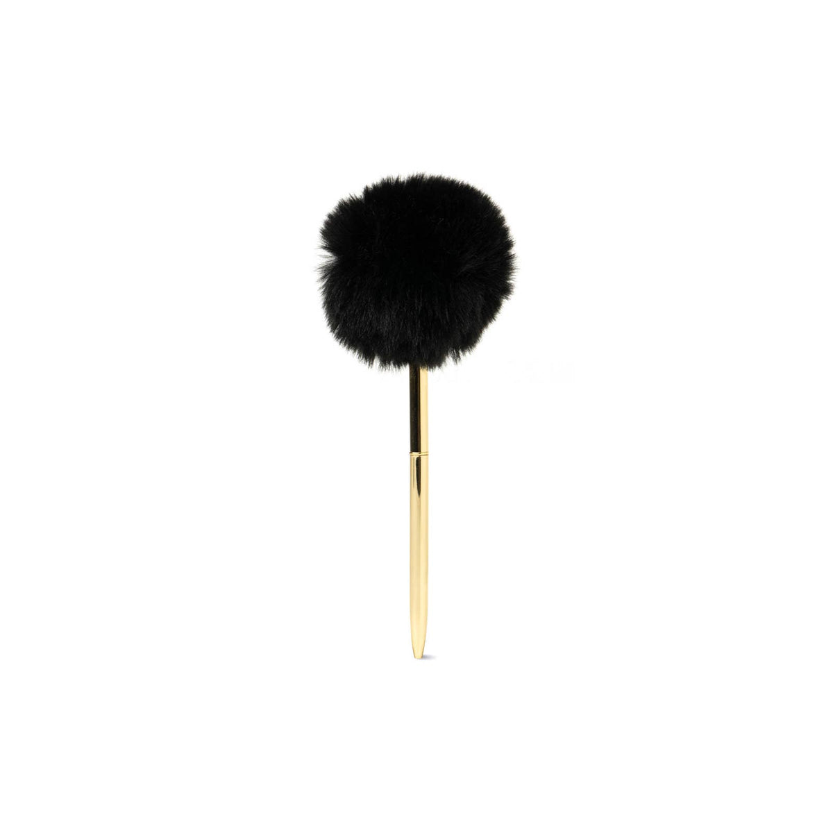 The Crush Noted Pom Pen has a goldtone barrel and a large, round black puff on top. Sizes available: not specified.