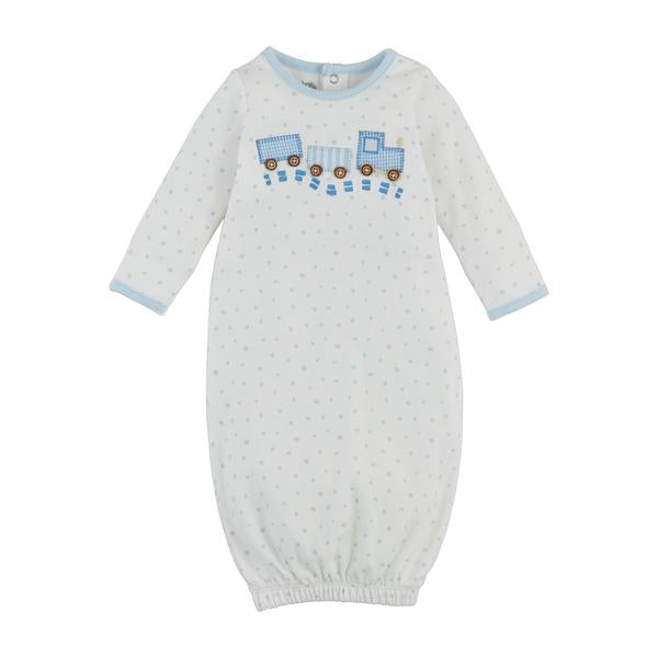 White cotton infant sleeper with blue trim, polka dots, train appliqué, long sleeves, elastic bottom. Sizes: NB, 0-3M.