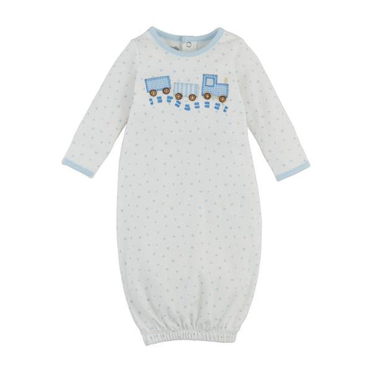 White cotton infant sleeper with blue trim, polka dots, train appliqué, long sleeves, elastic bottom. Sizes: NB, 0-3M.