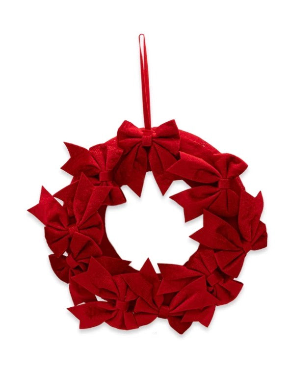 Red fabric bow wreath with hanging loop.