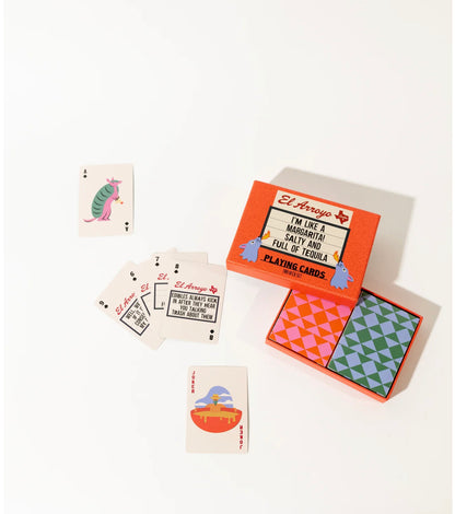 El Arroyo Playing Cards: colorful geometric backs, playful marquee sign art. Sizes available: standard poker deck.