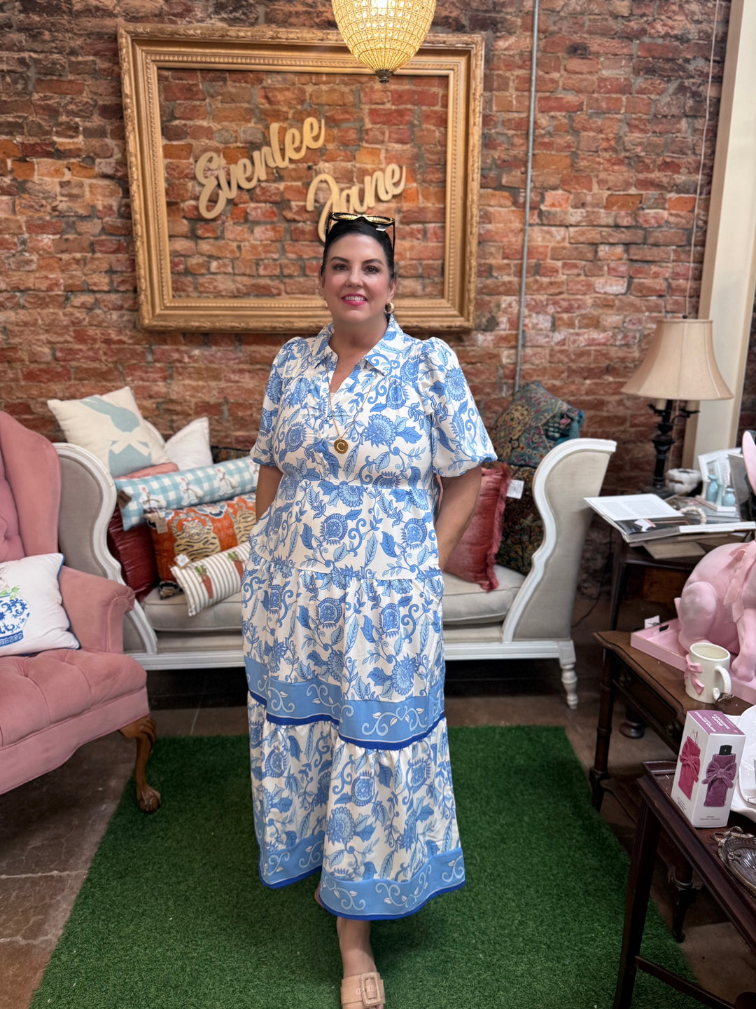 Eloise Porcelain Vines Blue Dress with tiered midi skirt. Available in sizes XS-XL.