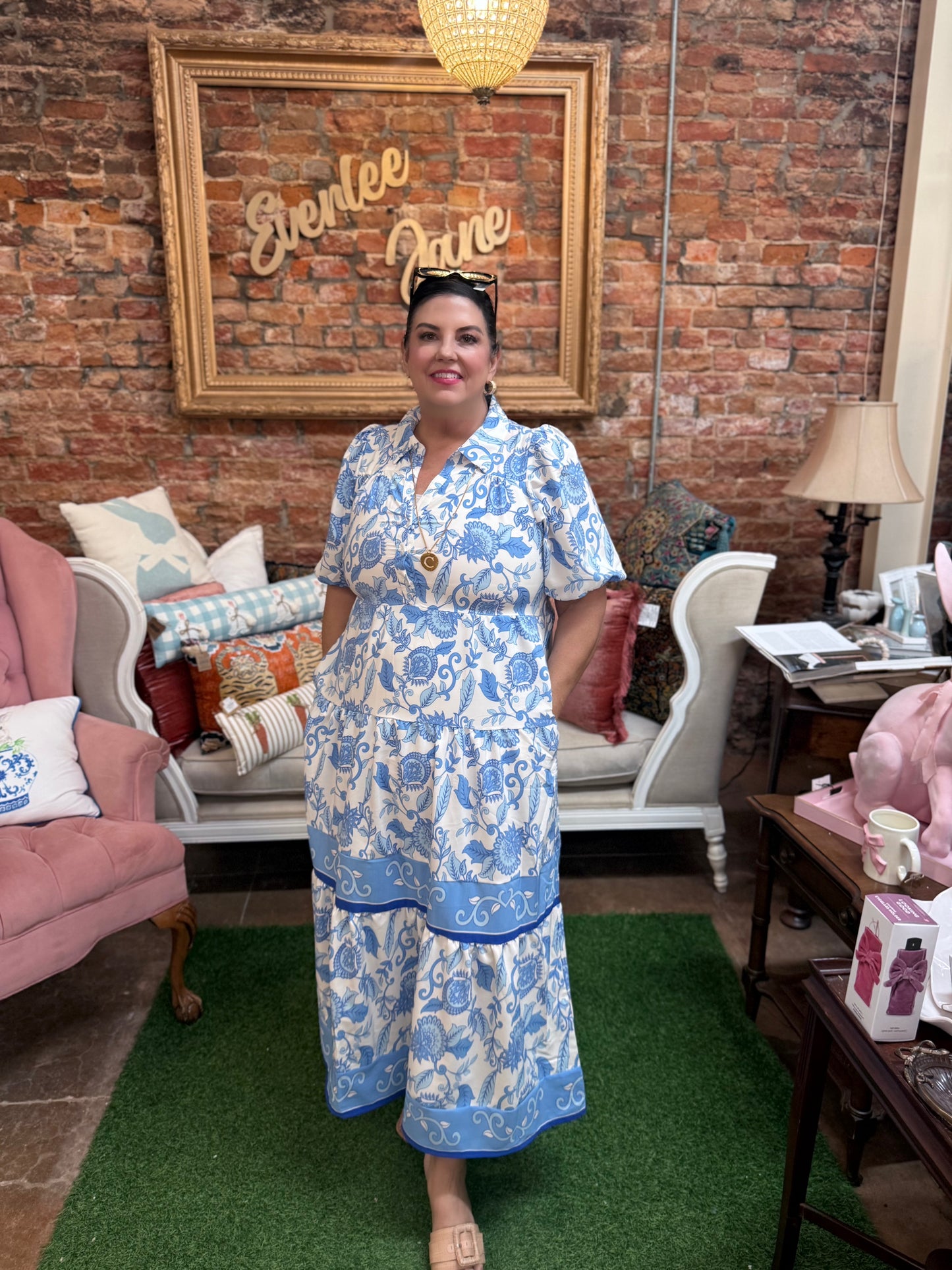 Eloise Porcelain Vines Blue Dress with tiered midi skirt. Available in sizes XS-XL.